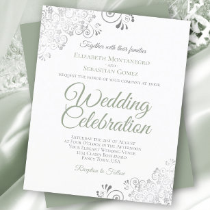Silver Lace Sage & White BUDGET Wedding Invitation