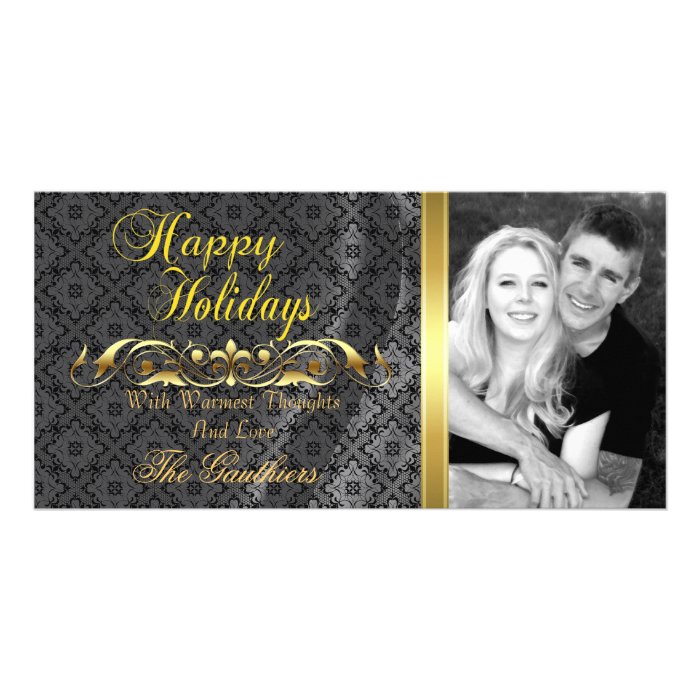 Silver Lace Silk & Gold Scroll Holiday Photo Card