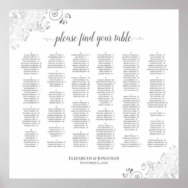 Silver Lace Simple Chic Alphabetical Seating Chart (Front)