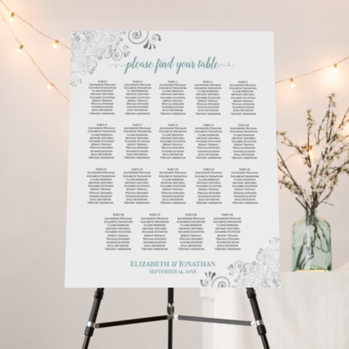 Silver Lace  Teal 19 Table White Seating Chart Foam Board