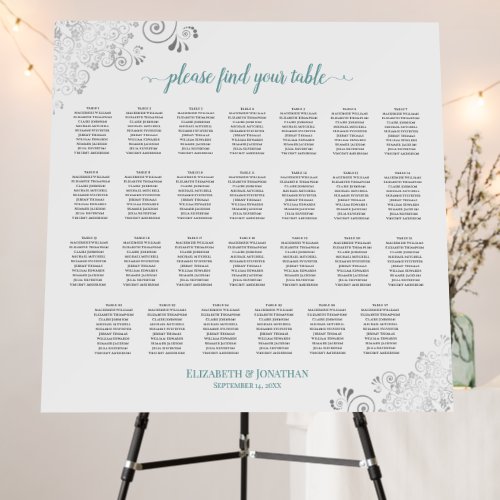 Silver Lace  Teal 27 Table White Seating Chart Foam Board