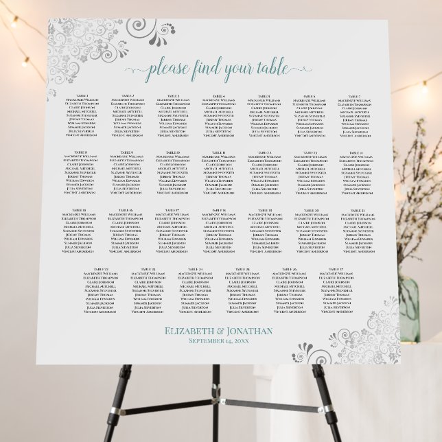 Silver Lace & Teal 27 Table White Seating Chart Foam Board (In Situ (Stand))