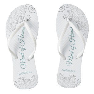 Silver Lace & Teal Chic Maid of Honor Wedding Flip Flops