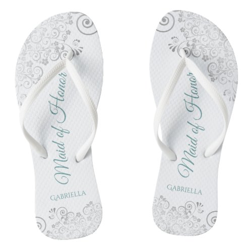 Silver Lace  Teal Chic Maid of Honor Wedding Flip Flops