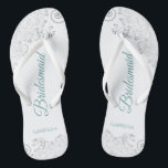 Silver Lace Teal Elegant White Bridesmaid Wedding Flip Flops<br><div class="desc">These elegant wedding flip flops are a great way to thank and recognize your bridesmaids, while giving their feet a rest after a long day. The beautiful design features an elegant design with silver gray lace frills on a white background and fancy teal or turquoise colored script lettering. The text...</div>