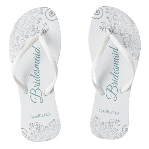 Silver Lace Teal Elegant White Bridesmaid Wedding Flip Flops