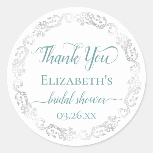 Silver Lace Teal on White Bridal Shower Thank You Classic Round Sticker