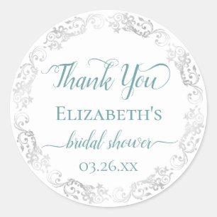 Silver Lace Teal on White Bridal Shower Thank You Classic Round Sticker