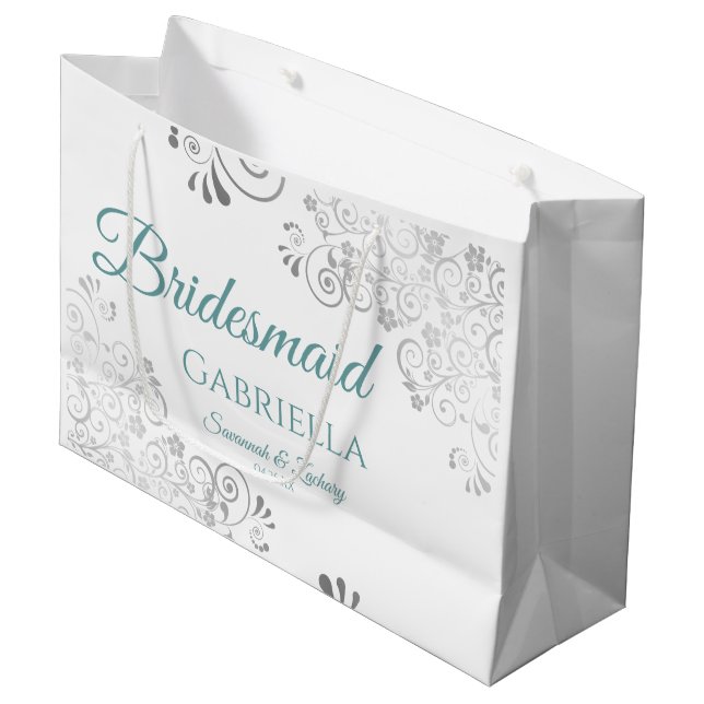 Silver Lace Teal on White Bridesmaid Wedding Large Gift Bag (Front Angled)