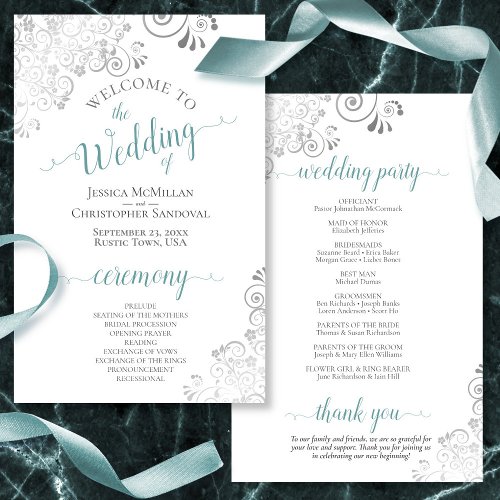 Silver Lace Teal on White Budget Wedding Program