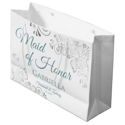 Silver Lace Teal on White Maid of Honor Wedding Large Gift Bag