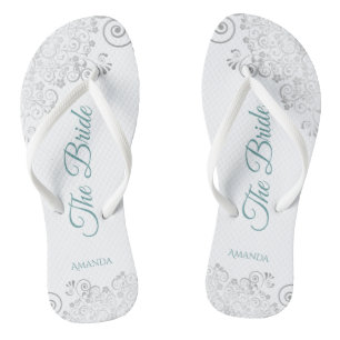 Silver Lace & Teal on White The Bride Wedding Flip Flops