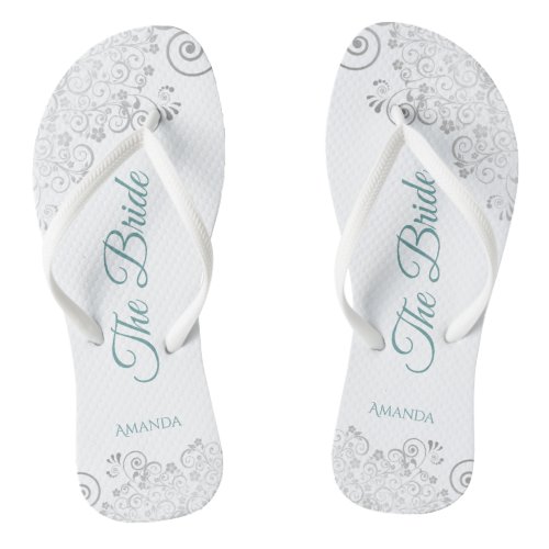 Silver Lace  Teal on White The Bride Wedding Flip Flops