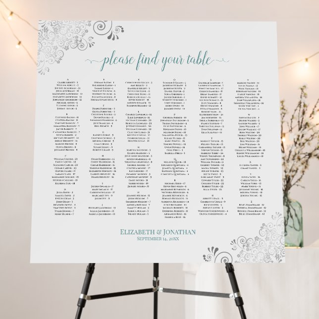 Silver Lace Teal White Alphabetical Seating Chart Foam Board (In Situ (Stand))