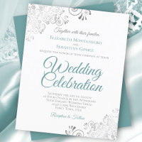 Silver Lace Teal & White BUDGET Wedding Invitation