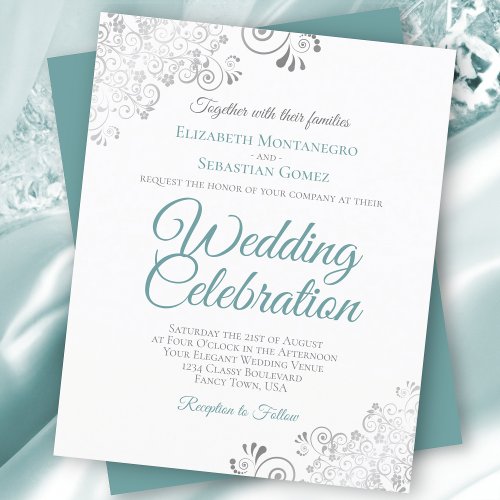 Silver Lace Teal  White BUDGET Wedding Invitation