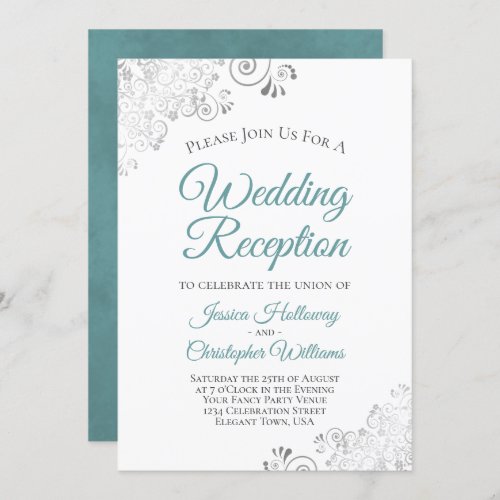 Silver Lace Teal  White Elegant Wedding Reception Invitation