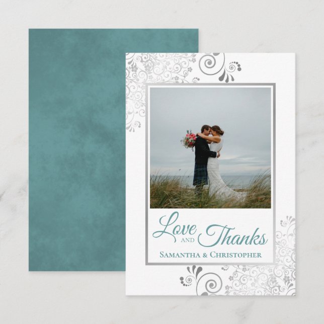 Silver Lace Teal & White Love & Thanks Wedding Thank You Card (Front/Back)