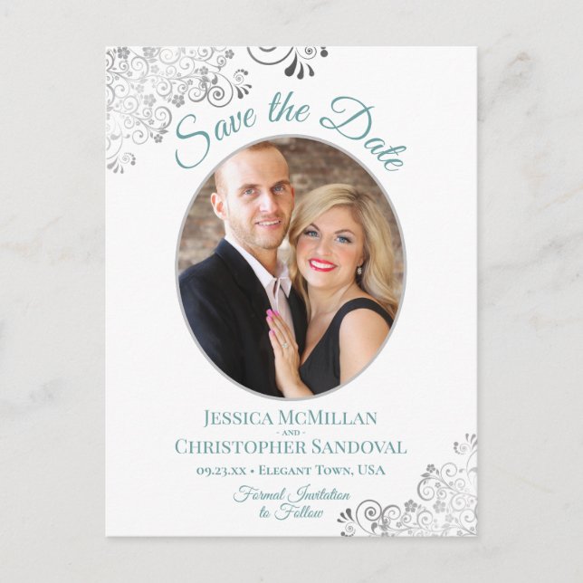 Silver Lace Teal White Wedding Save the Date Photo Announcement Postcard (Front)