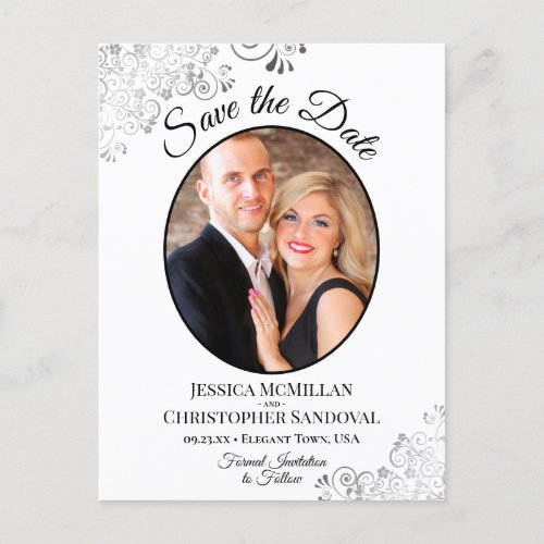 Silver Lace White Wedding Save the Date Oval Photo Announcement Postcard