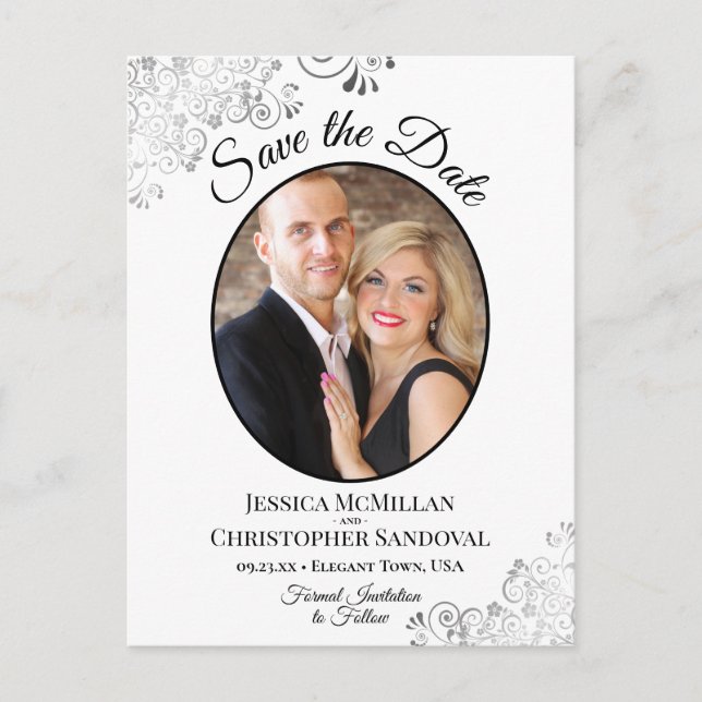 Silver Lace White Wedding Save the Date Oval Photo Announcement Postcard (Front)