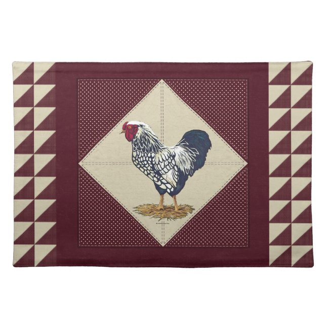 Silver Laced Wyandotte Rooster Cream Dots Burgundy Cloth Placemat (Front)