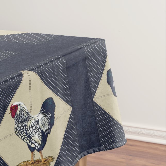 Silver Laced Wyandotte Rooster Denim Tablecloth (In Situ)