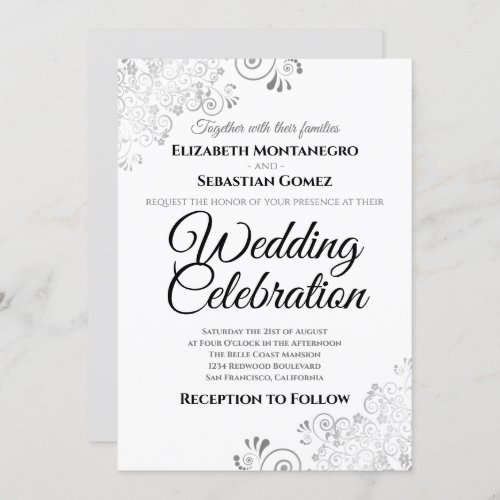 Silver Lacy Floral Filigree Simple Elegant Wedding Invitation