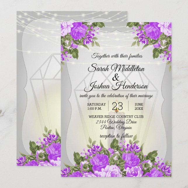Silver Lantern and Purple Floral Wedding Invitation (Front/Back)