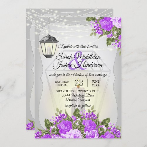Silver Lanterns and Purple Flower Wedding Invitation