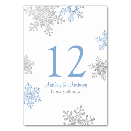 Silver Lapis Blue White Snowflakes Winter Wedding Table Number