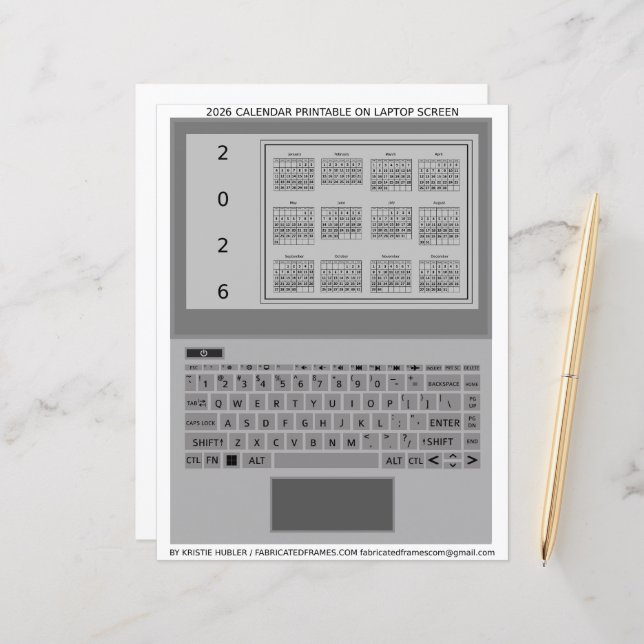 Silver Laptop Keys 2026 Calendar Black Paper Sheet (Front/Back In Situ)
