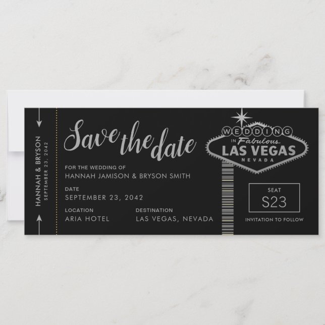 Silver Las Vegas Boarding Pass Save the Date Card (Front)