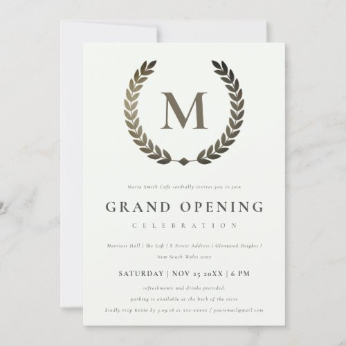 Silver Laurel Monogram Ornate Grand Opening Invite