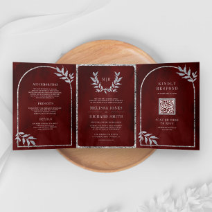 Silver Laurel Wreath Leaves Burgundy Red Wedding Tri-Fold Invitation