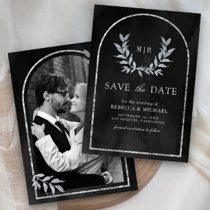 Silver Laurel Wreath Leaves Charcoal Grey Wedding Save The Date
