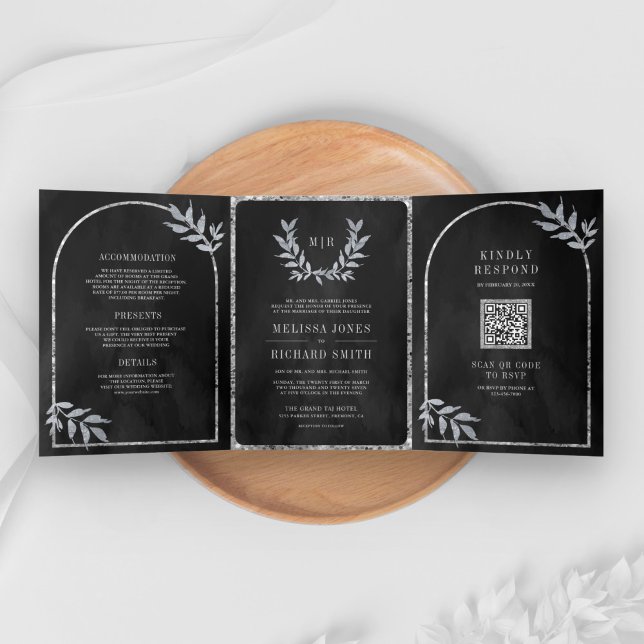 Silver Laurel Wreath Leaves Charcoal Grey Wedding Tri-Fold Invitation (Creator Uploaded)
