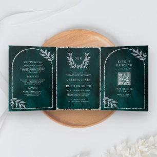 Silver Laurel Wreath Leaves Dark Teal Wedding Tri-Fold Invitation