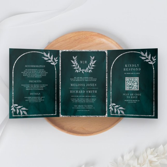 Silver Laurel Wreath Leaves Dark Teal Wedding Tri-Fold Invitation (Creator Uploaded)
