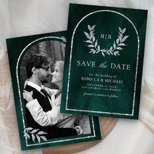 Silver Laurel Wreath Leaves Emerald Green Wedding Save The Date