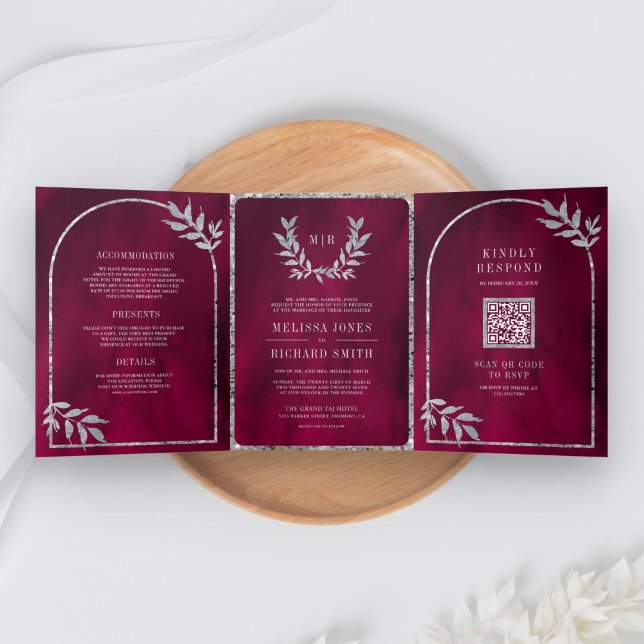 Silver Laurel Wreath Leaves Fuchsia Pink Wedding Tri-Fold Invitation (Creator Uploaded)