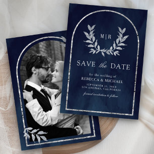 Silver Laurel Wreath Leaves Navy Blue Wedding Save The Date