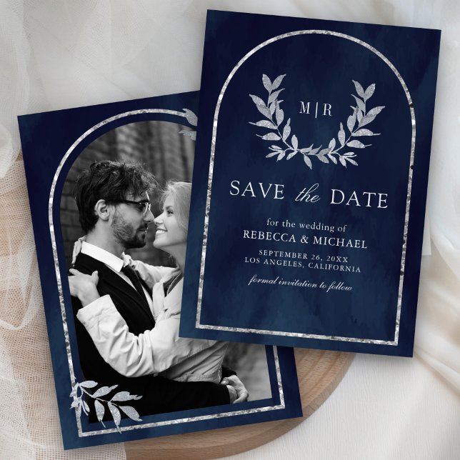 Silver Laurel Wreath Leaves Navy Blue Wedding Save The Date (Creator Uploaded)