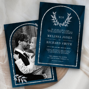 Silver Laurel Wreath Leaves Ocean Blue Wedding Invitation