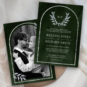 Silver Laurel Wreath Leaves Olive Green Wedding Invitation