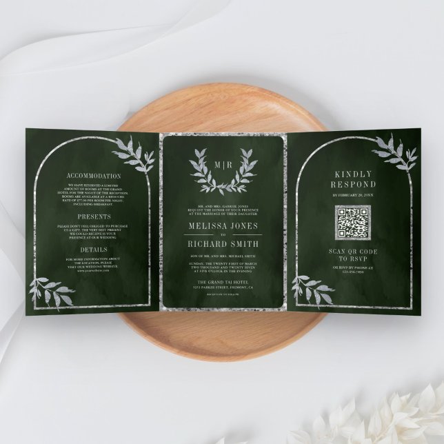 Silver Laurel Wreath Leaves Olive Green Wedding Tri-Fold Invitation (Creator Uploaded)