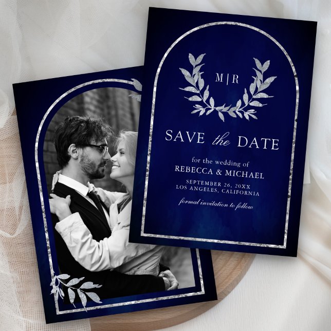 Silver Laurel Wreath Leaves Royal Blue Wedding Save The Date (Creator Uploaded)