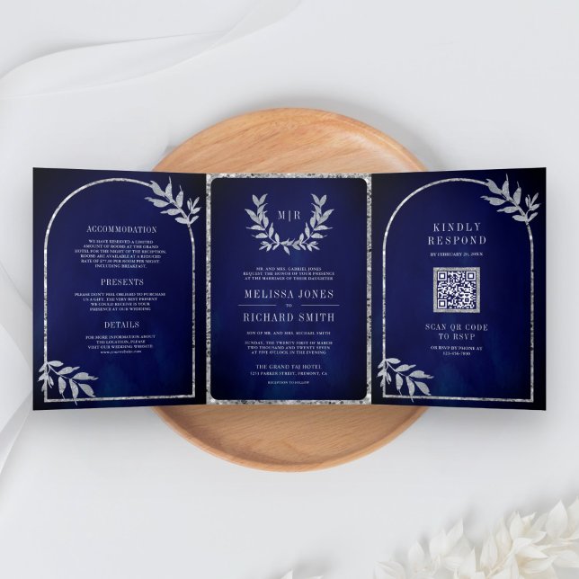 Silver Laurel Wreath Leaves Royal Blue Wedding Tri-Fold Invitation (Creator Uploaded)