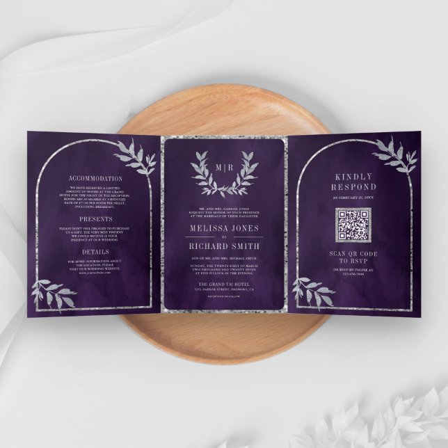 Silver Laurel Wreath Leaves Royal Purple Wedding Tri-Fold Invitation (Creator Uploaded)