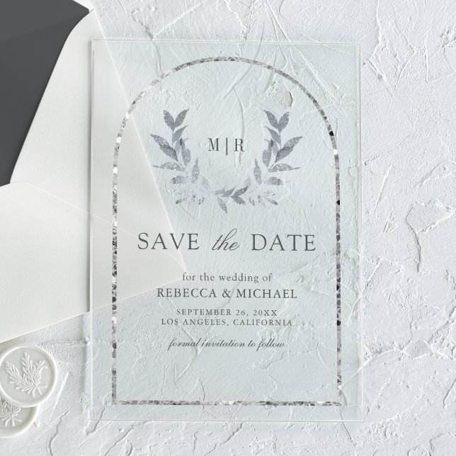 Silver Laurel Wreath Leaves Wedding Save the Date (Creator Uploaded)